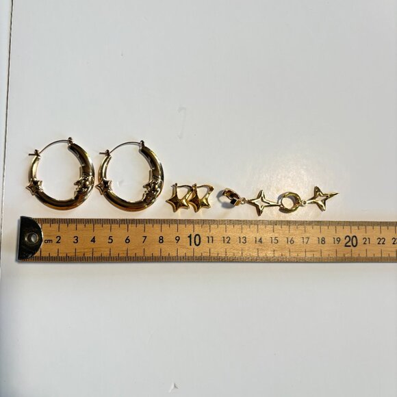 Gold Costume Jewelry Bundle of 3 Pairs of Earrings Stars, Moon, Hoops - Picture 4 of 4